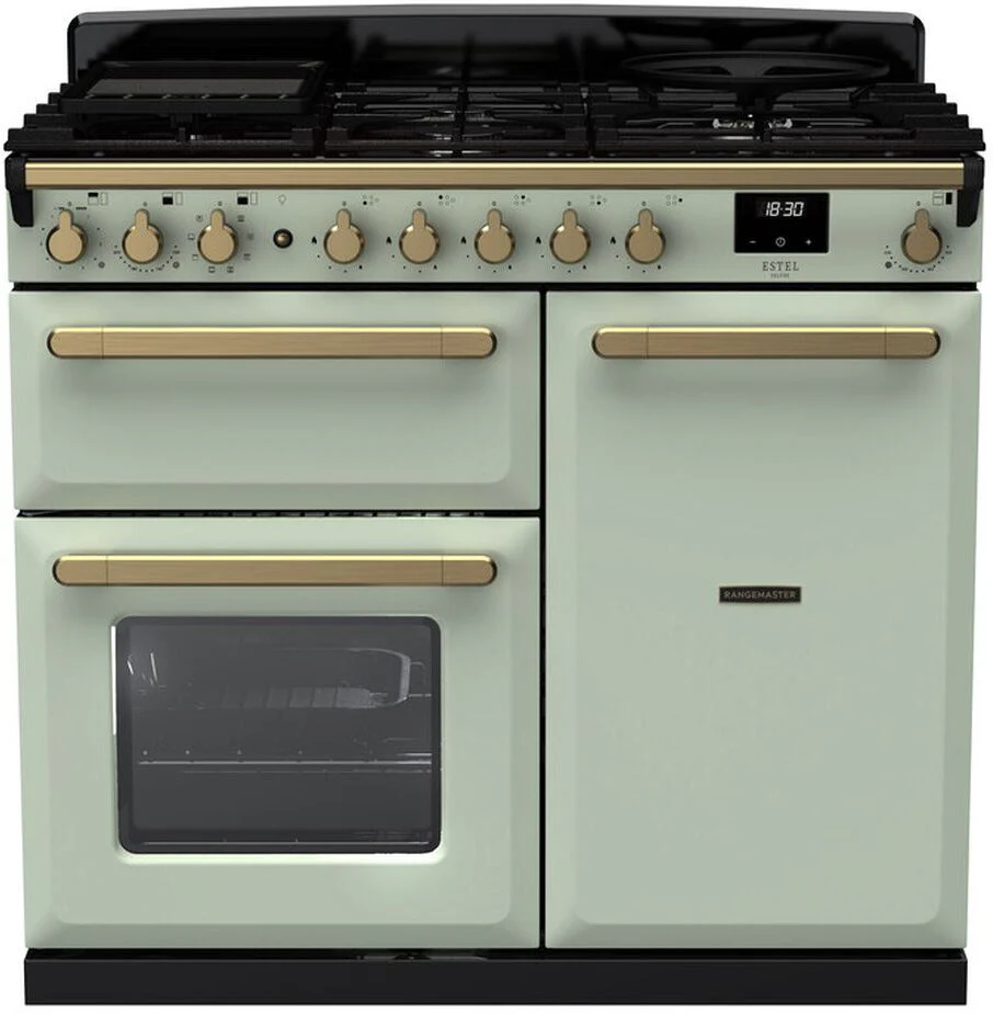 Rangemaster Range Cooker Dual Fuel ESDL100DFPMNT-AB1 - Mint / Antique Brass