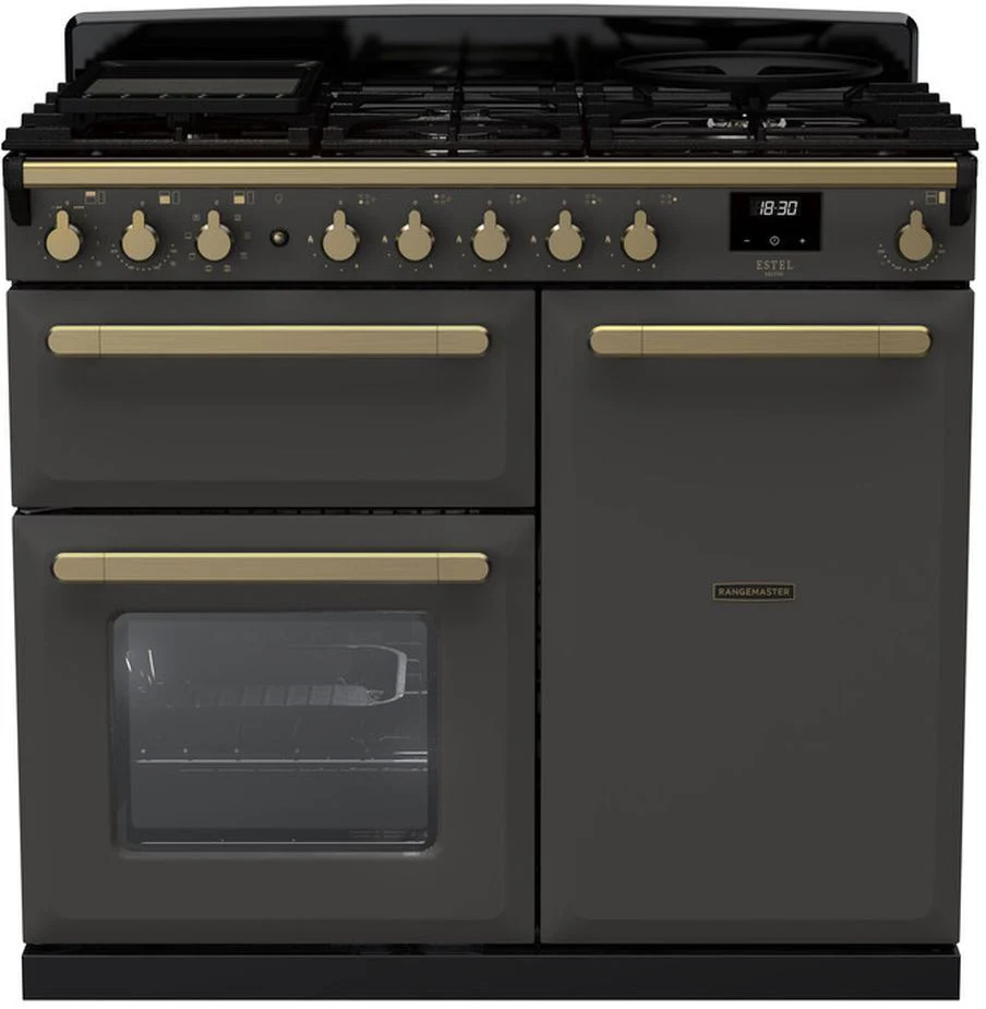 Rangemaster Range Cooker Dual Fuel ESDL100DFPSLT-AB1 - Slate / Antique Brass